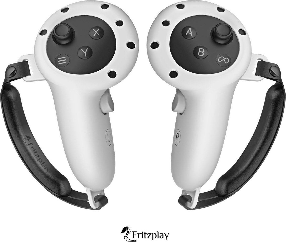 Zwarte Fritzplay-handriemen op twee Meta Quest 3-controllers
